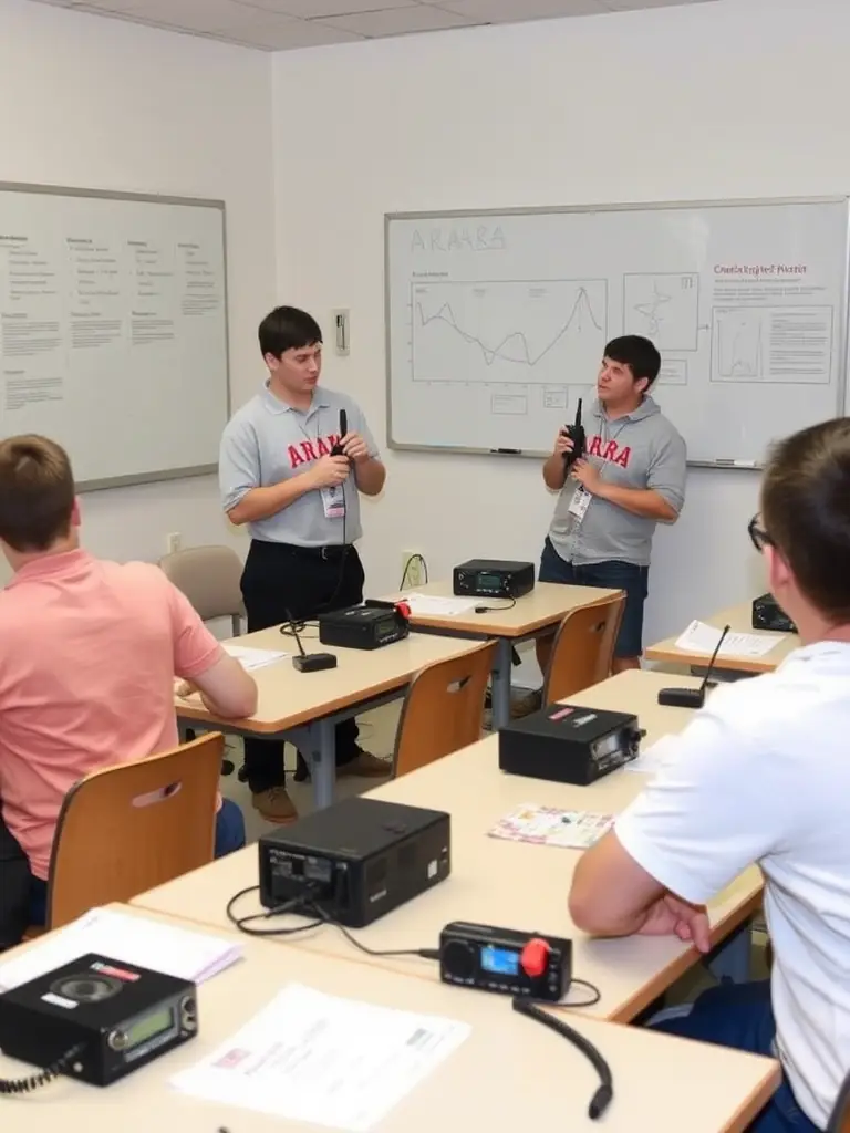 A picture of a classroom setting where ARARA instructors are providing hands-on training to aspiring radio operators, demonstrating the association's commitment to education.