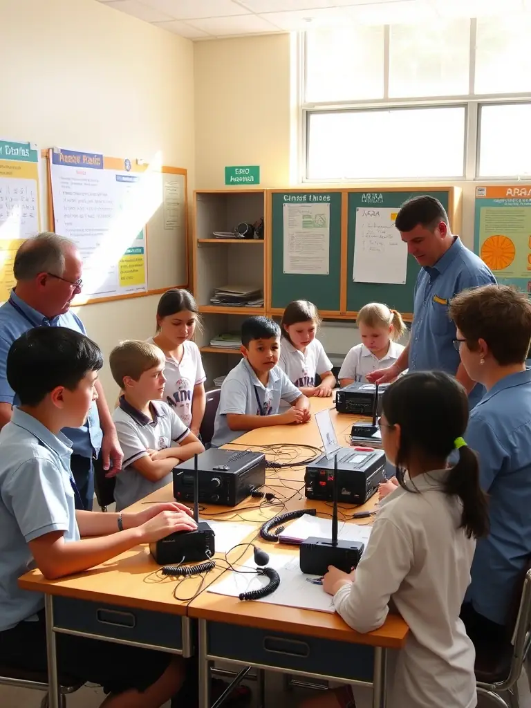 A photo of ARARA members visiting a local school to demonstrate amateur radio and inspire the next generation of radio enthusiasts in Saint-Pierre-et-Miquelon.