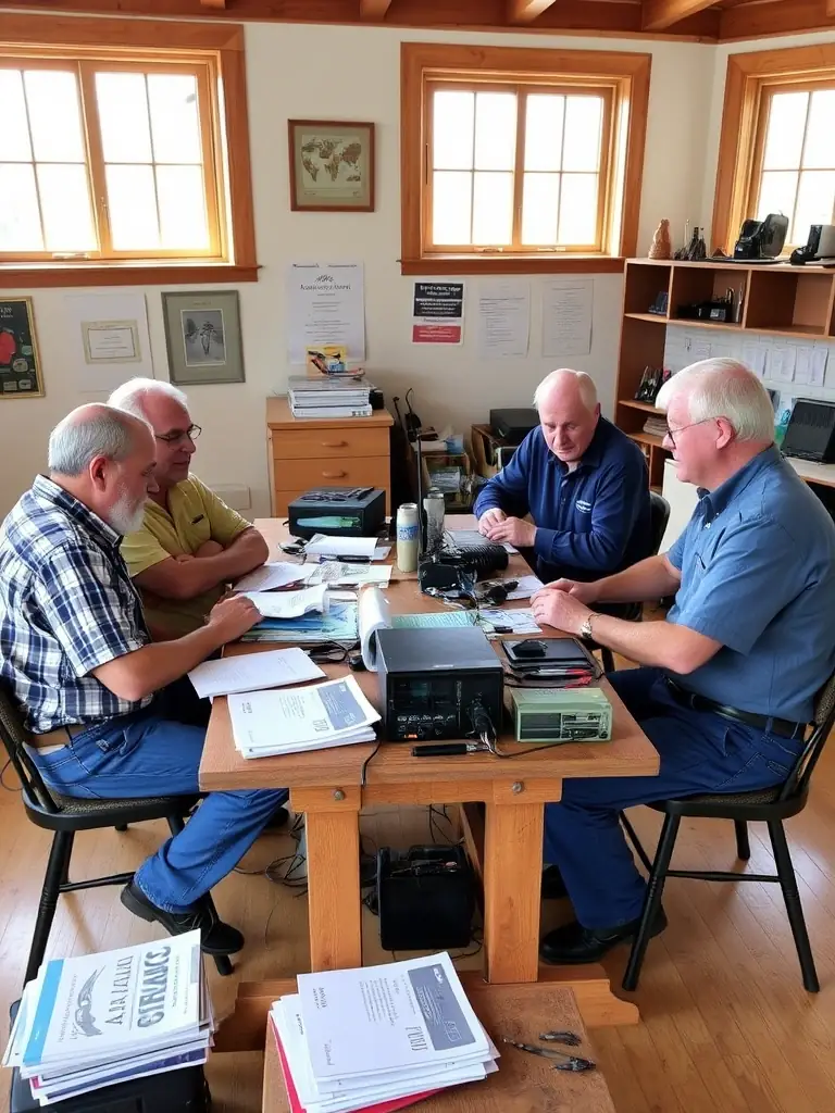 A picture of ARARA members gathered around a table, discussing technical aspects of radio equipment and sharing their expertise, showcasing the association's collaborative environment.