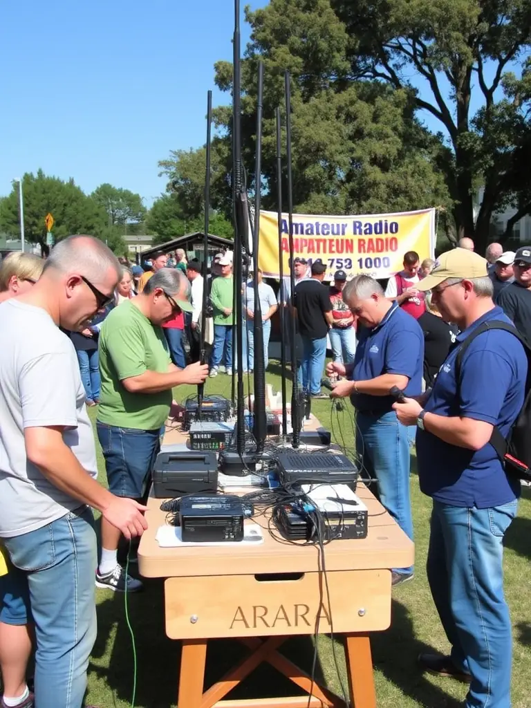A photo of ARARA members participating in a public demonstration of amateur radio during a local community event, highlighting the association's outreach efforts.