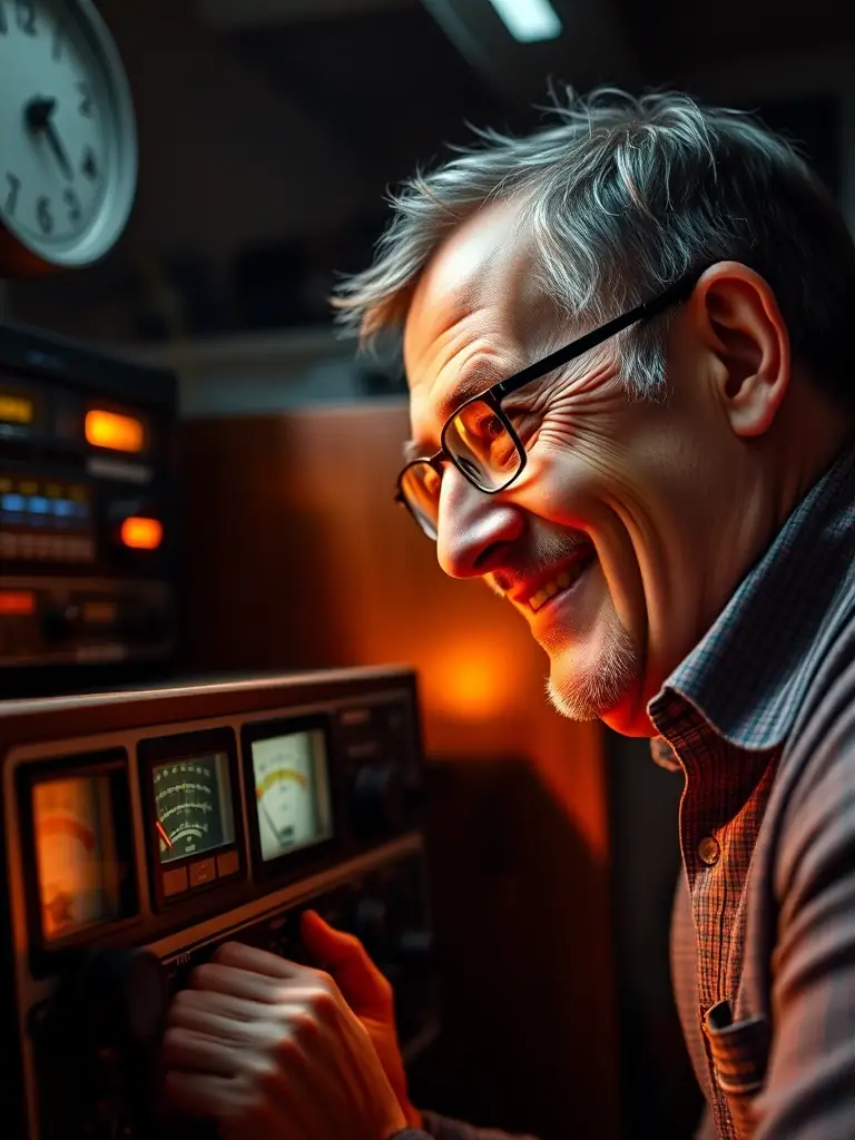 A close-up photo of a ham radio operator smiling while using a vintage radio transceiver, showcasing the joy of connecting with others through amateur radio.
