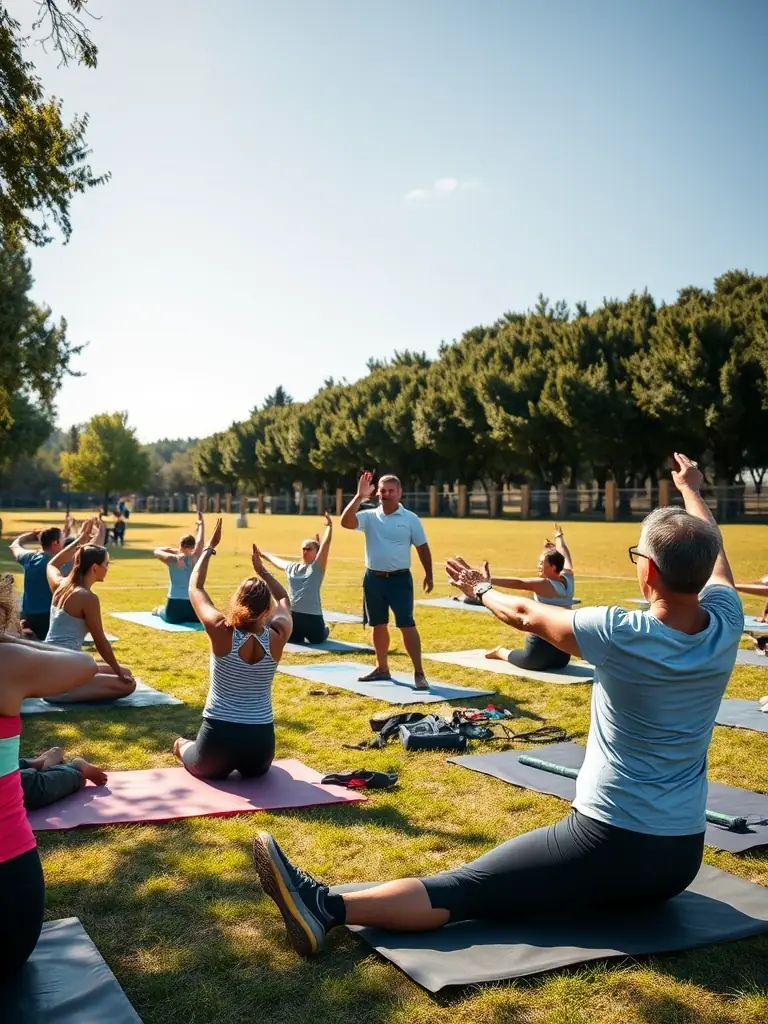 Adults participating in a fitness class outdoors, led by an instructor, showcasing the CLUB ATHLETIQUE BALMANAIS's commitment to adult health.