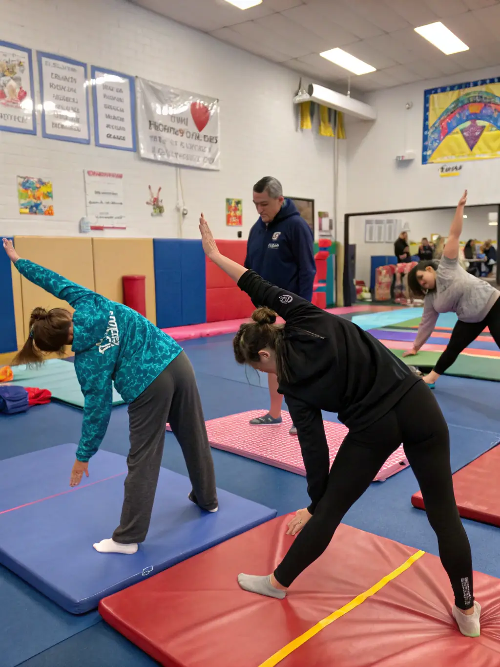 Adults participating in a fitness class, highlighting strength training, flexibility, and overall well-being, in the modern fitness center of CLUB ATHLETIQUE BALMANAIS.