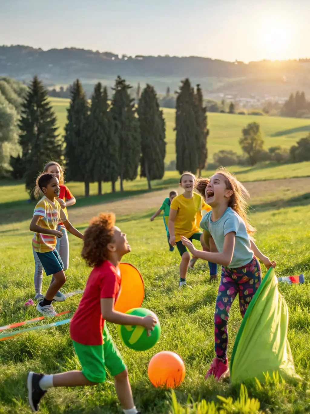 A group of young children participating in a soccer training session, focusing on teamwork and coordination, set against the backdrop of a sunny field at CLUB ATHLETIQUE BALMANAIS.