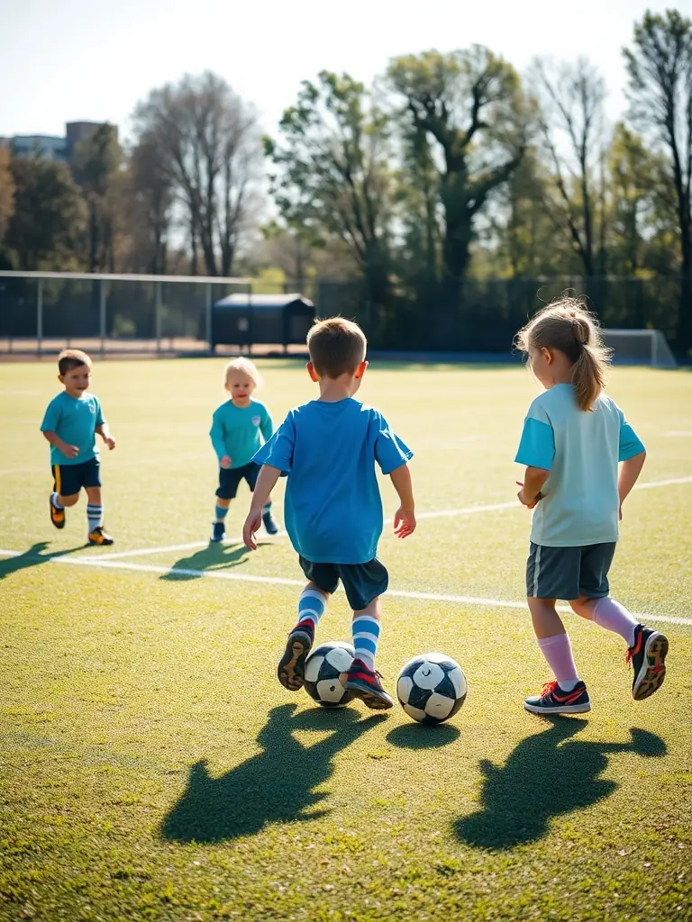 A group of young children playing soccer on a sunny field, wearing CLUB ATHLETIQUE BALMANAIS jerseys, with a coach guiding them.