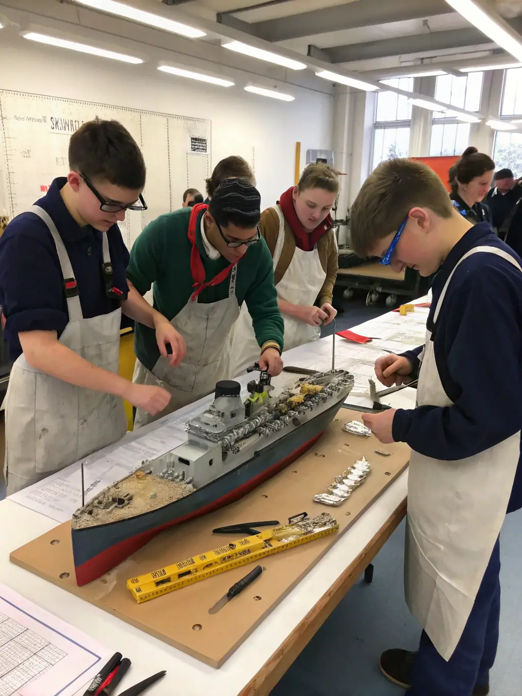 An image depicting adolescents involved in a vocational training workshop, learning practical skills and collaborating on a project.