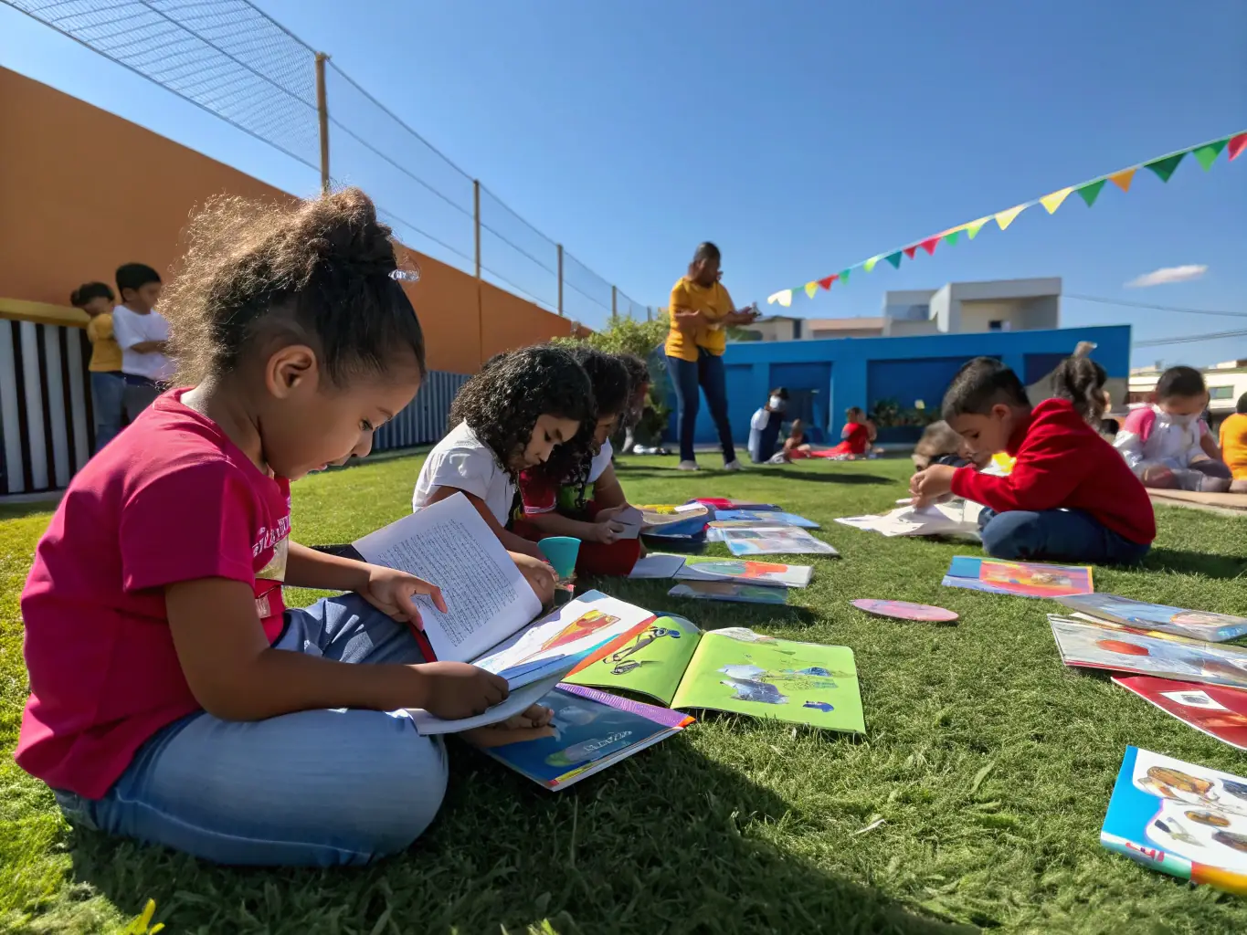 A group of children participating in an outdoor educational activity, smiling and engaged, with a focus on teamwork and learning in a natural setting.