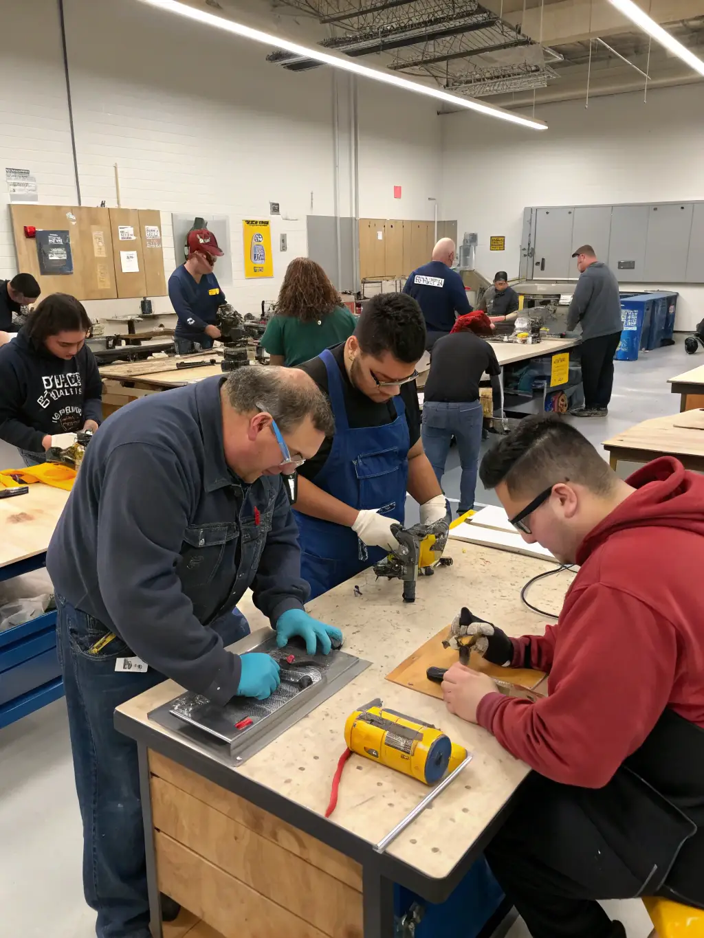 Adults participating in a vocational training workshop, learning new skills and collaborating on projects, highlighting A.V.L.'s focus on professional development and integration.
