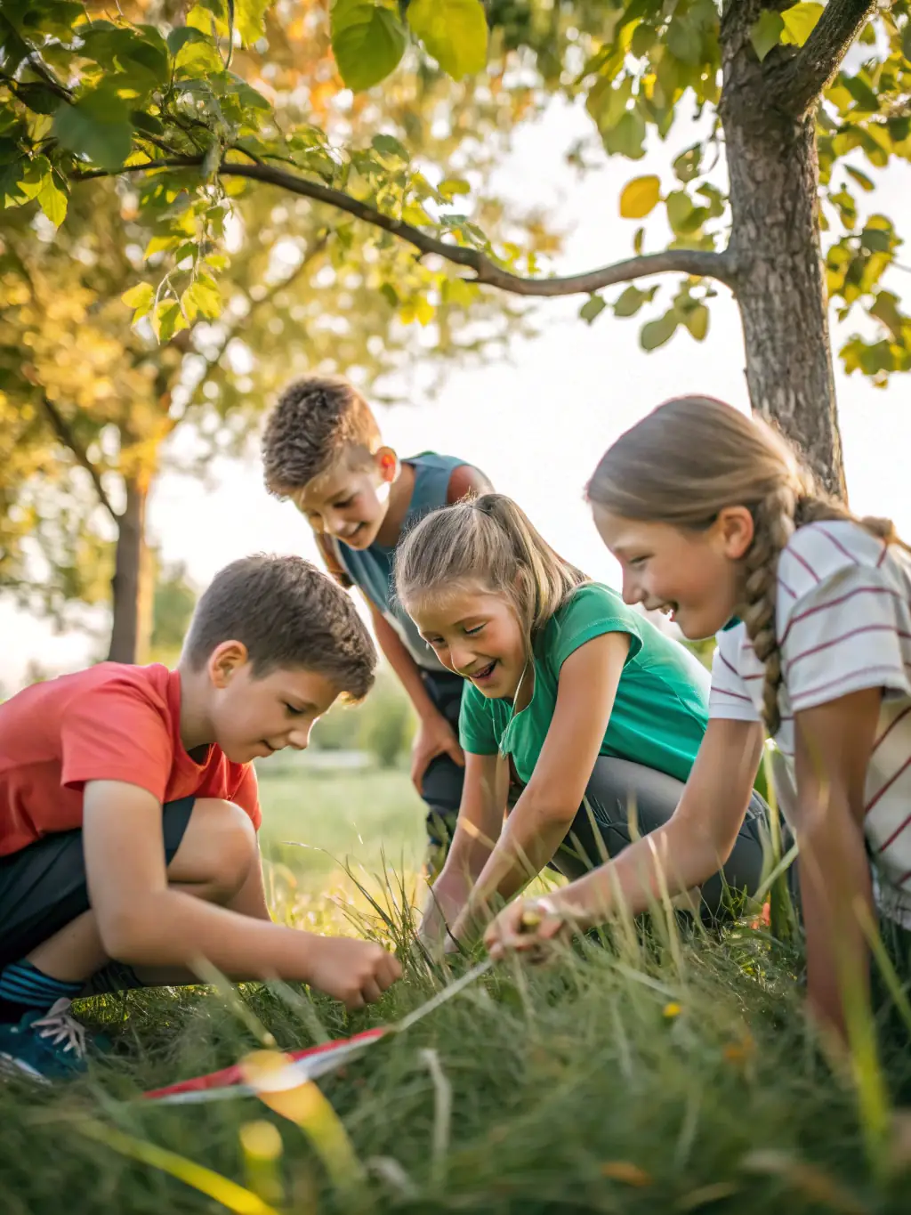 A group of children participating in an outdoor educational activity, smiling and engaged, with a focus on teamwork and learning in nature, representing A.V.L.'s commitment to youth development.